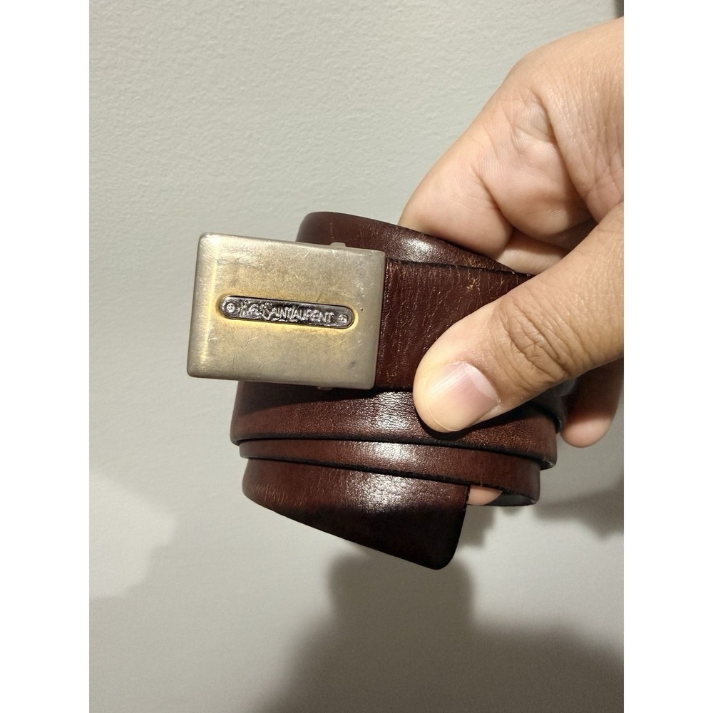 Yves Saint Laurent Vintage Men's Leather Belt Logo Buckle Brown RARE. 41" XL‎